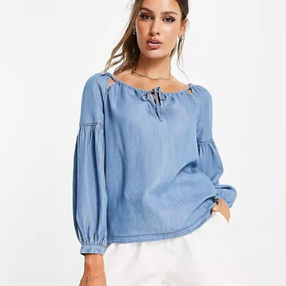 BLUE RAIN Self Tie Chambray Peasant Indigo Blouse Size XS